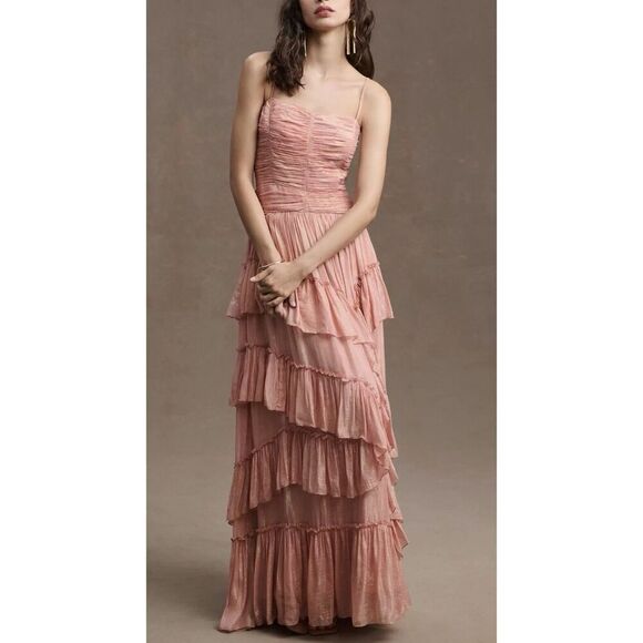 Anthropologie BHLDN Jessa Pink Metallic Asymmetrical Ruffled Drop-Waist Gown 8 - Picture 1 of 14